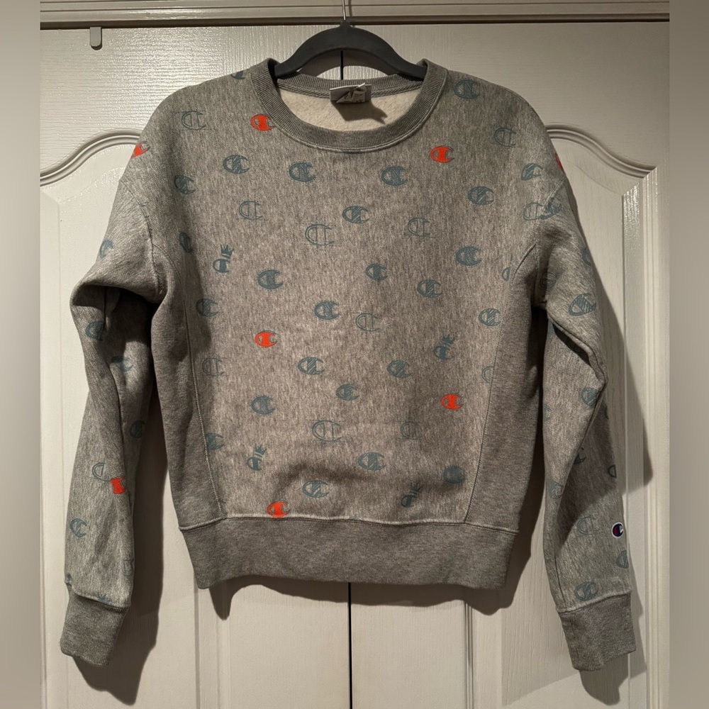 Champion Gray with Teal and Orange Logo Pattern Crewneck Sweatshirt - Size S